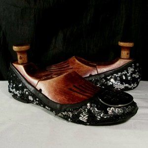 TORY BURCH REVA SEQUIN BLACK PREMIUM LEATHER FASHION WOMENS BALLET FLATS 8.5M